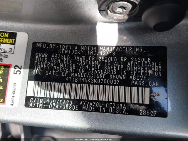 4T1B11HK3KU200007 Toyota CAMRY SE