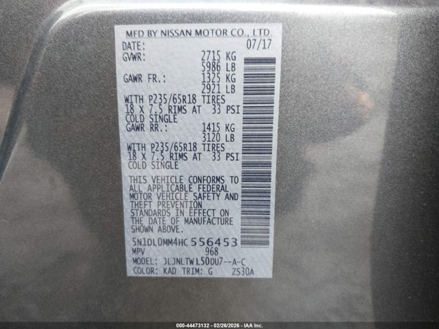 44473132 :رقم المزاد ، 5N1DL0MM4HC556453 vin ، 2017 Infiniti Qx60 مزاد بيع