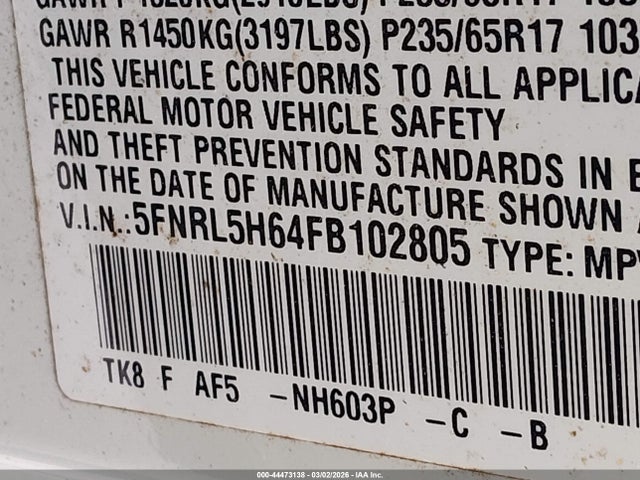 5FNRL5H64FB102805 Honda Odyssey Ex-l
