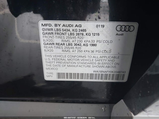 44473157 :رقم المزاد ، WA1BNAFY0K2048743 vin ، 2019 Audi Q5 45 Premium مزاد بيع