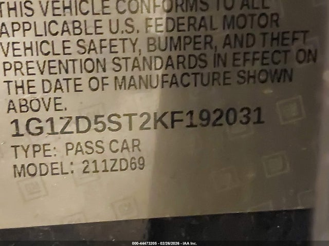 Aukcja sprzedaży 2019 Chevrolet Malibu Lt, vin: 1G1ZD5ST2KF192031, numer aukcji: 44473205