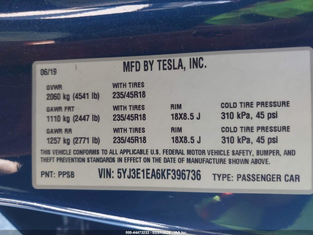 44473232 :رقم المزاد ، 5YJ3E1EA6KF396736 vin ، 2019 Tesla Model 3 Long Range/mid Range/standard Range/standard Range Plus مزاد بيع