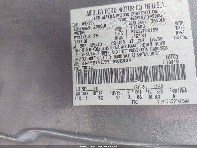 44473303 :رقم المزاد ، 4F4YR12C9YTM08939 vin ، 2000 Mazda B2500 Se/sx مزاد بيع