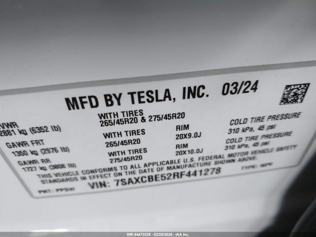 Aukcja sprzedaży 2024 Tesla Model X Long Range, vin: 7SAXCBE52RF441278, numer aukcji: 44473326