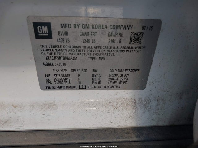 44473350 :رقم المزاد ، KL4CJFSB7GB643451 vin ، 2016 Buick Encore Convenience مزاد بيع