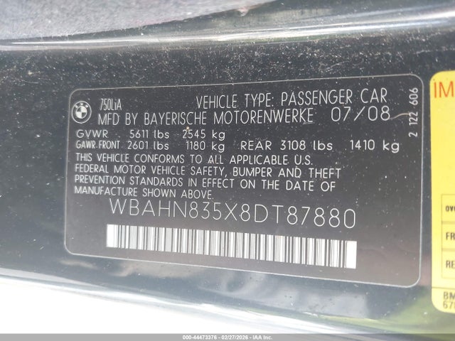 Aukcja sprzedaży 2008 Bmw 750li, vin: WBAHN835X8DT87880, numer aukcji: 44473376