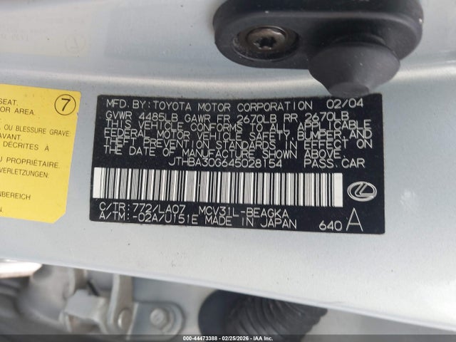 Aukcja sprzedaży 2004 Lexus Es 330, vin: JTHBA30G645028154, numer aukcji: 44473388