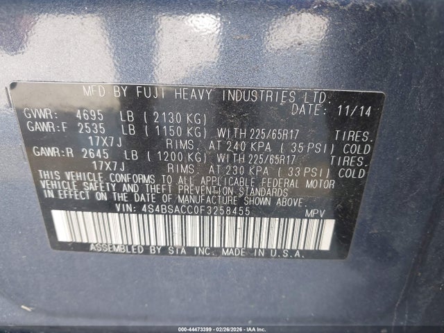 2015 Subaru Outback 2.5i Premium მანქანა იყიდება აუქციონზე, vin: 4S4BSACC0F3258455, აუქციონის ნომერი: 44473399