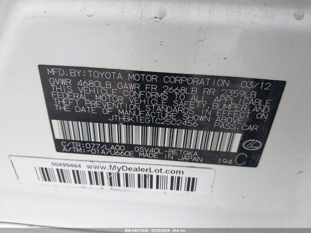 Aukcja sprzedaży 2012 Lexus Es 350, vin: JTHBK1EG1C2502456, numer aukcji: 44473435