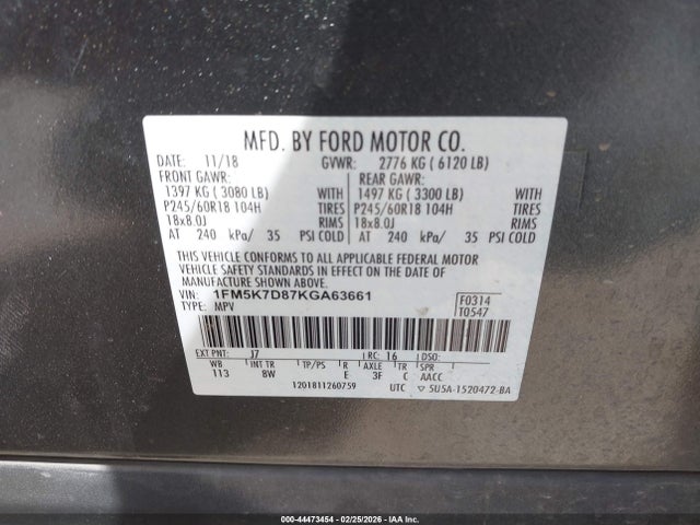 Продаж на аукціоні авто 2019 Ford Explorer Xlt, vin: 1FM5K7D87KGA63661, номер лоту: 44473454