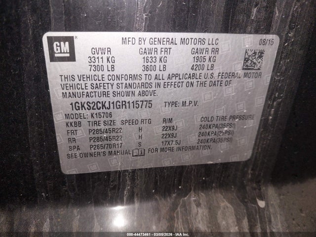 44473461 :رقم المزاد ، 1GKS2CKJ1GR115775 vin ، 2016 Gmc Yukon Denali مزاد بيع