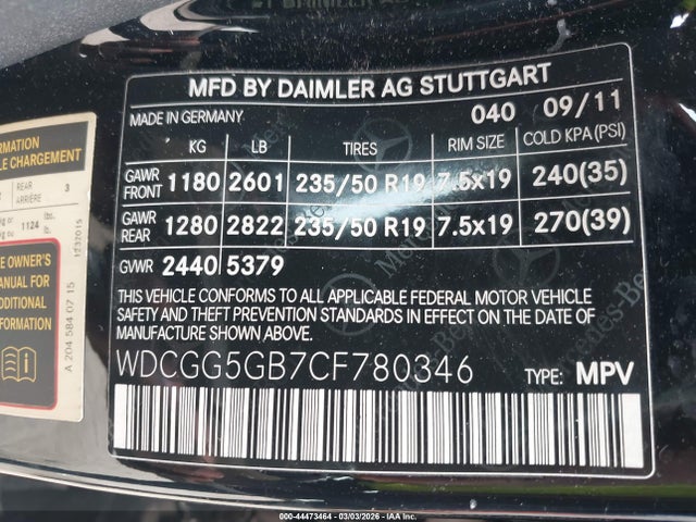 2012 Mercedes-benz Glk 350 მანქანა იყიდება აუქციონზე, vin: WDCGG5GB7CF780346, აუქციონის ნომერი: 44473464
