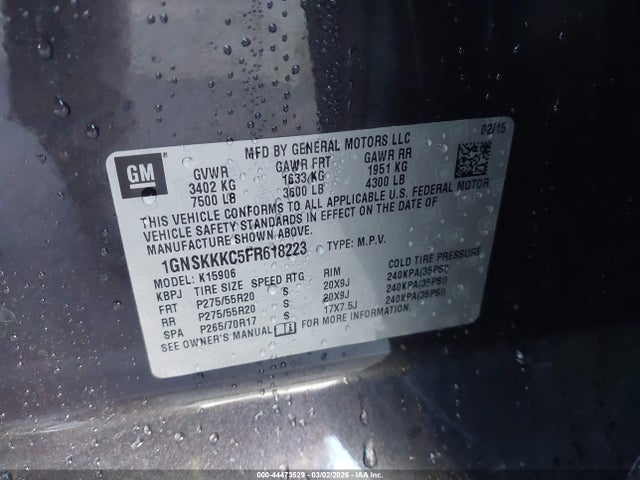 1GNSKKKC5FR618223 Chevrolet Suburban 1500 Ltz