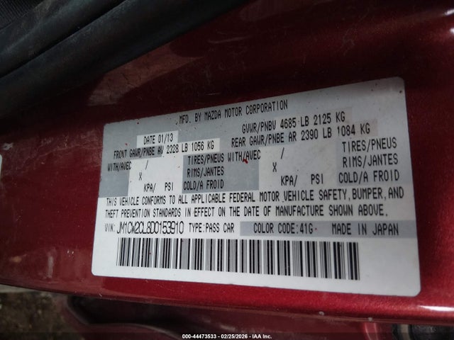2013 Mazda Mazda5 Touring მანქანა იყიდება აუქციონზე, vin: JM1CW2CL8D0153910, აუქციონის ნომერი: 44473533