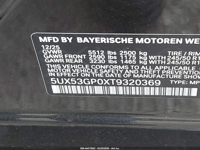 2026 Bmw X3 30 Xdrive მანქანა იყიდება აუქციონზე, vin: 5UX53GP0XT9320369, აუქციონის ნომერი: 44473582