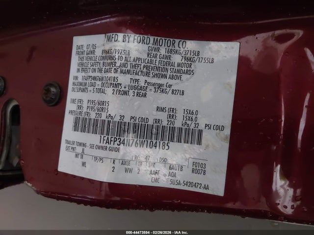Продажа на аукционе авто 2006 Ford Focus Zx4, vin: 1FAFP34N76W104185, номер лота: 44473594