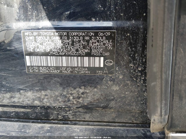 44473631 :رقم المزاد ، JTHCL46FX95003753 vin ، 2009 Lexus Ls 460 مزاد بيع