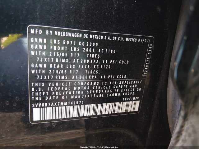 2021 VOLKSWAGEN TIGUAN 3VV0B7AX7MM141571 Photo 8
