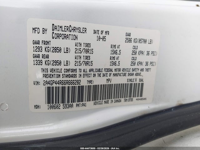 Aukcja sprzedaży 2006 Chrysler Town & Country Lx, vin: 2A4GP44R66R666282, numer aukcji: 44473689