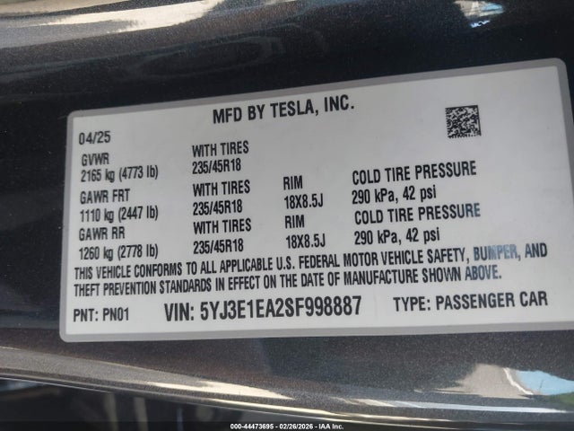 Aukcja sprzedaży 2025 Tesla Model 3 Long Range Rear-wheel Drive/standard Rear-wheel Drive, vin: 5YJ3E1EA2SF998887, numer aukcji: 44473695
