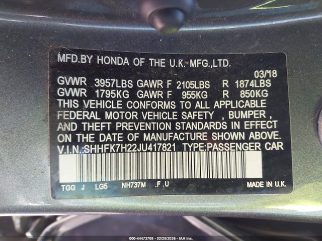 SHHFK7H22JU417821 Honda Civic Lx