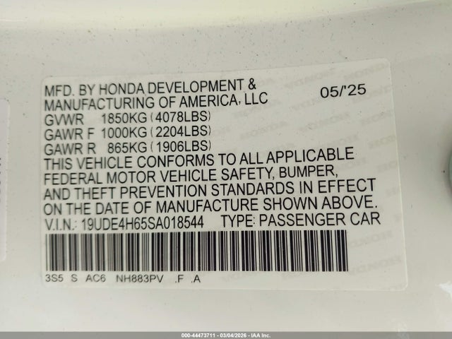 44473711 :رقم المزاد ، 19UDE4H65SA018544 vin ، 2025 Acura Integra A-spec Technology مزاد بيع