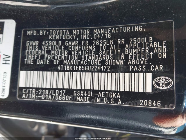 2016 Toyota Avalon Xle მანქანა იყიდება აუქციონზე, vin: 4T1BK1EB5GU224172, აუქციონის ნომერი: 44473723