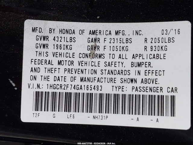 1HGCR2F74GA165493 Honda ACCORD EX