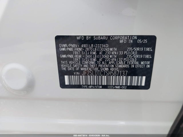 Продажа на аукционе авто 2025 Subaru Forester Touring, vin: JF2SLDTC7SH587137, номер лота: 44473814