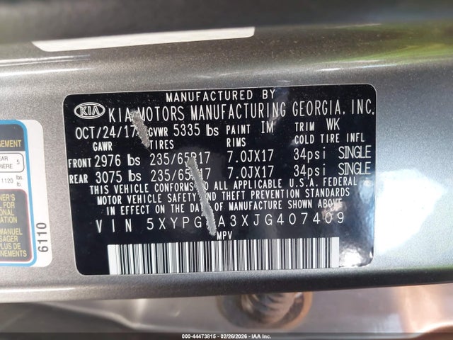 5XYPG4A3XJG407409 KIA Sorento 2.4l Lx