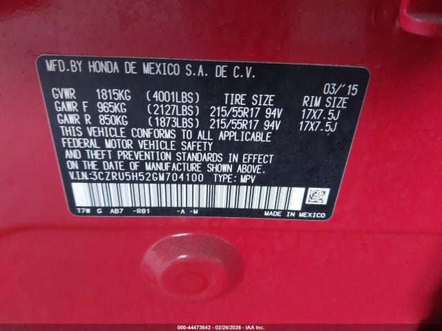 3CZRU5H52GM704100 Honda HR-V EX