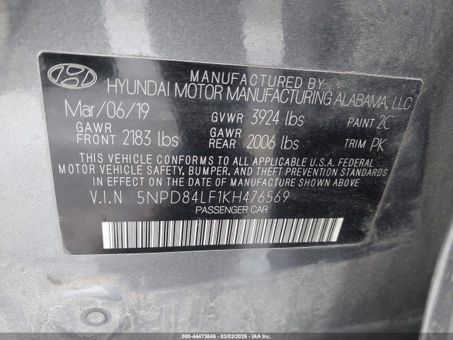 44473846 :رقم المزاد ، 5NPD84LF1KH476569 vin ، 2019 Hyundai Elantra Sel مزاد بيع