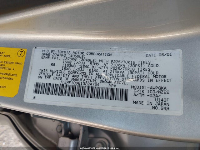 44473877 :رقم المزاد ، JTJHF10U610224754 vin ، 2001 Lexus Rx 300 مزاد بيع