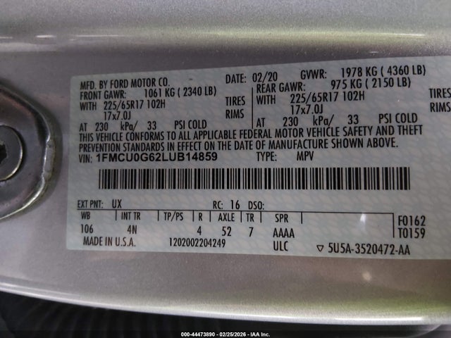 2020 Ford Escape Se მანქანა იყიდება აუქციონზე, vin: 1FMCU0G62LUB14859, აუქციონის ნომერი: 44473890