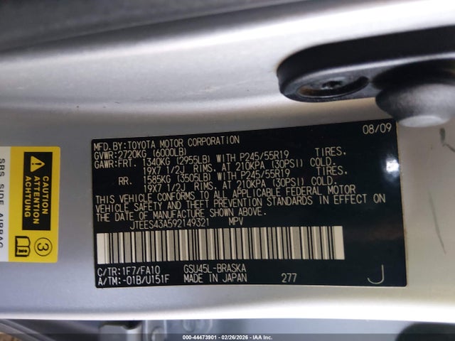 2009 Toyota Highlander Sport მანქანა იყიდება აუქციონზე, vin: JTEES43A592149321, აუქციონის ნომერი: 44473901