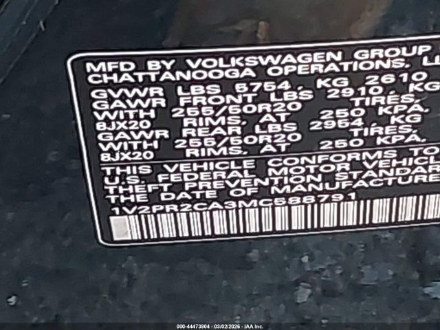 2021 Volkswagen Atlas 3.6l V6 Se W/technology R-line მანქანა იყიდება აუქციონზე, vin: 1V2PR2CA3MC588791, აუქციონის ნომერი: 44473904