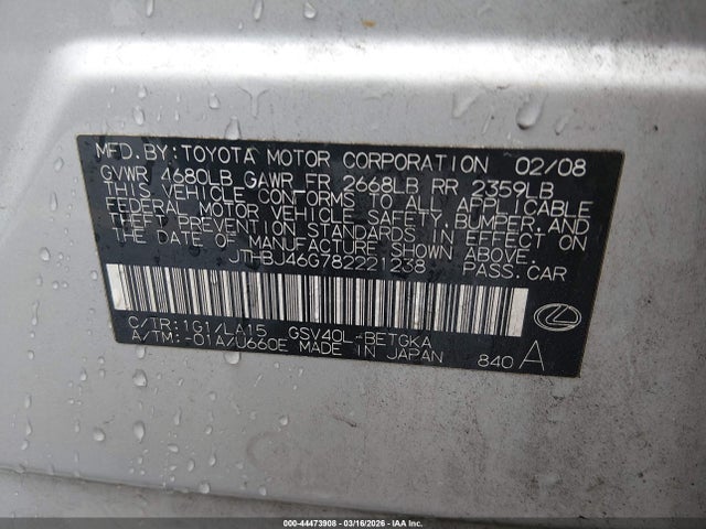 Aukcja sprzedaży 2008 Lexus Es 350, vin: JTHBJ46G782221238, numer aukcji: 44473908