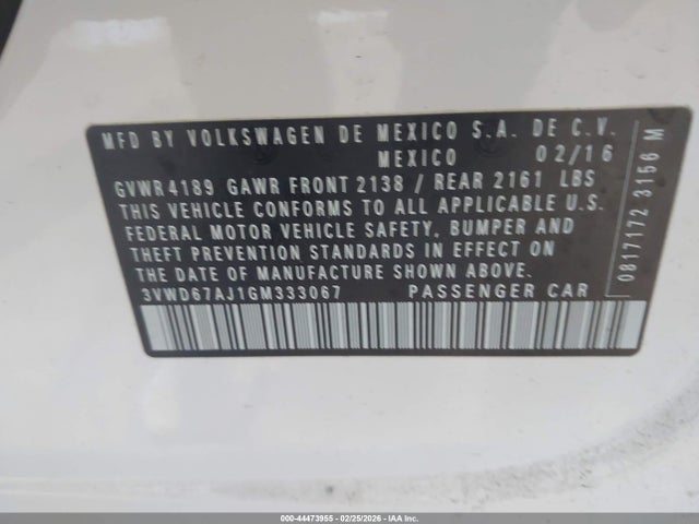 44473955 :رقم المزاد ، 3VWD67AJ1GM333067 vin ، 2016 Volkswagen Jetta 1.4t Se مزاد بيع