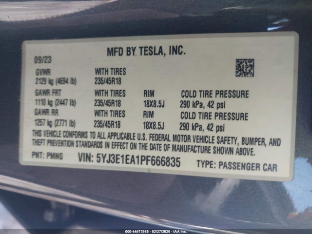 44473966 :رقم المزاد ، 5YJ3E1EA1PF666835 vin ، 2023 Tesla Model 3 Rear-wheel Drive مزاد بيع