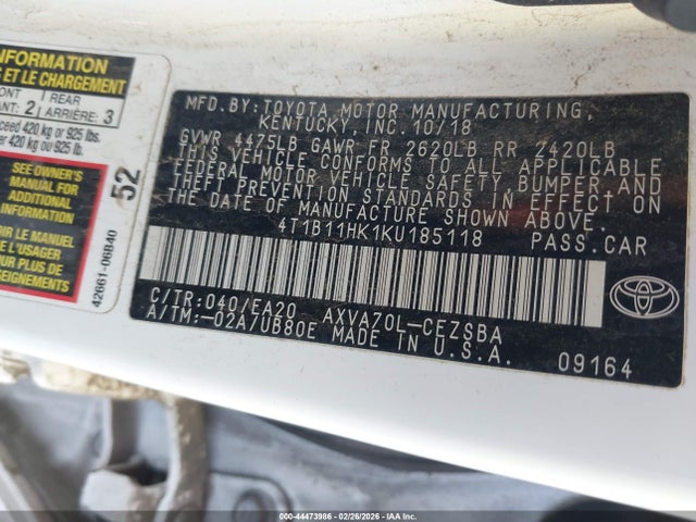 4T1B11HK1KU185118 Toyota CAMRY SE