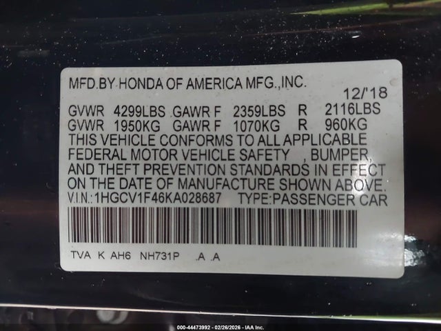 Aukcja sprzedaży 2019 Honda Accord Ex, vin: 1HGCV1F46KA028687, numer aukcji: 44473992