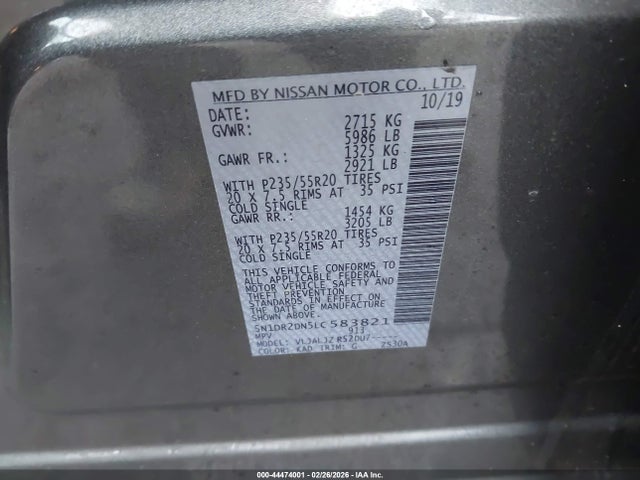 Aukcja sprzedaży 2020 Nissan Pathfinder Platinum 2wd, vin: 5N1DR2DN5LC583821, numer aukcji: 44474001