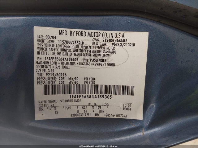 2004 FORD TAURUS 1FAFP56S84A189305 Photo 8
