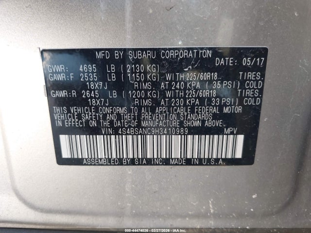 4S4BSANC9H3410989 Subaru Outback 2.5i Limited