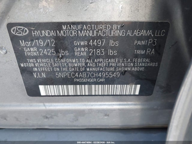 Продаж на аукціоні авто 2012 Hyundai Sonata Se 2.0t, vin: 5NPEC4AB7CH495549, номер лоту: 44474064