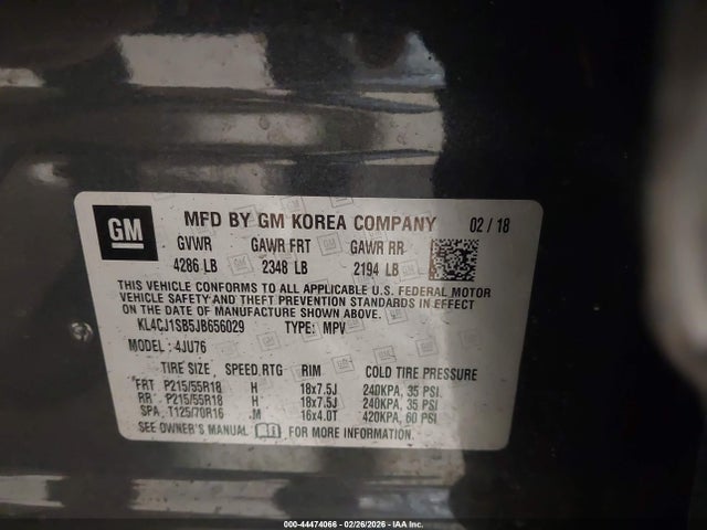 44474066 :رقم المزاد ، KL4CJ1SB5JB656029 vin ، 2018 Buick Encore Sport Touring مزاد بيع