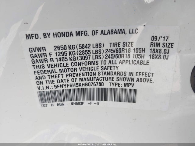 2017 HONDA PILOT 5FNYF6H5XHB076780 Photo 8