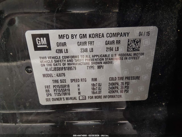 44474080 :رقم المزاد ، KL4CJBSB9FB189579 vin ، 2015 Buick Encore Convenience مزاد بيع