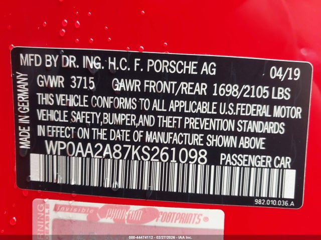 2019 PORSCHE 718 CAYMAN WP0AA2A87KS261098 Photo 8