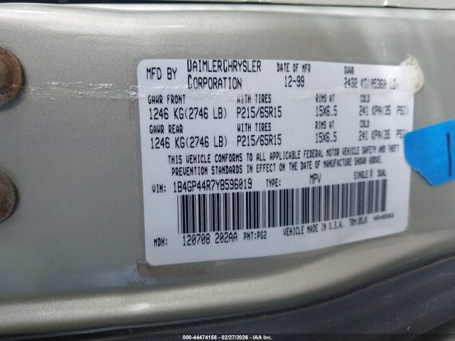 Aukcja sprzedaży 2000 Dodge Grand Caravan Se, vin: 1B4GP44R7YB596019, numer aukcji: 44474158